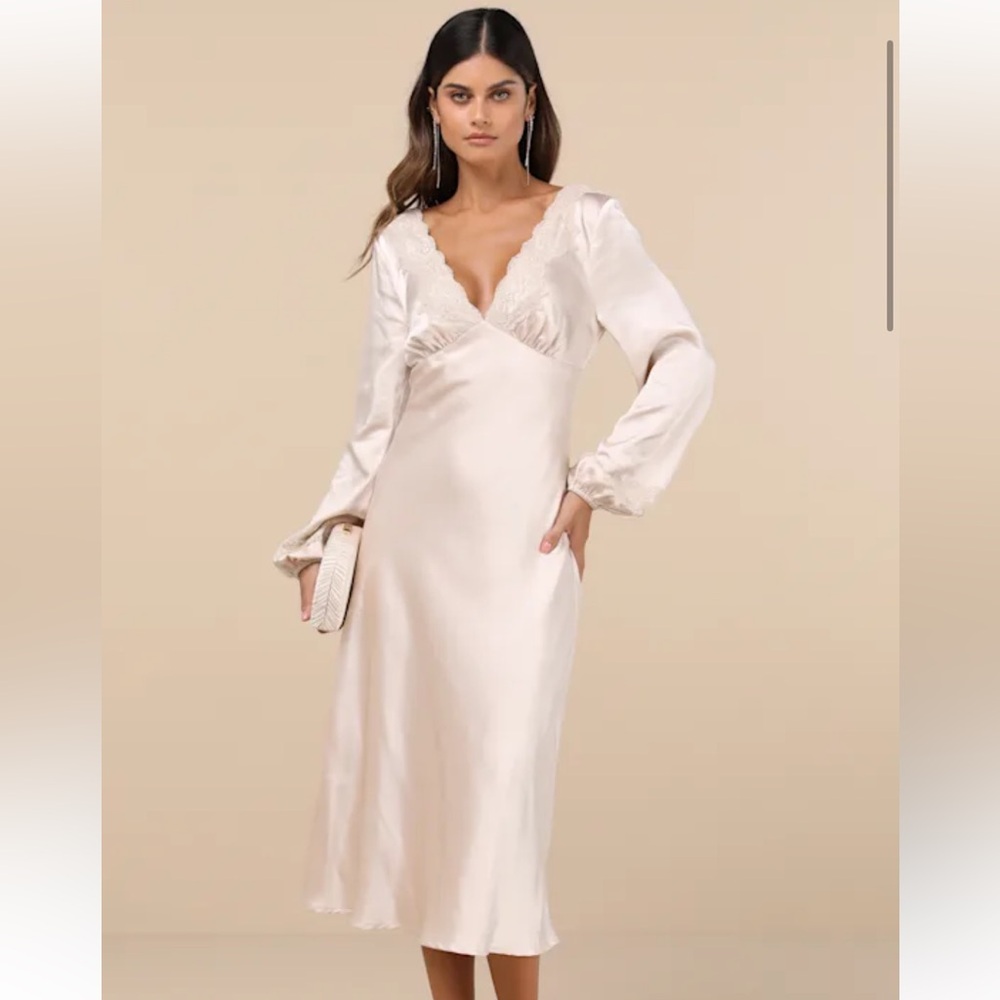 Lulus NEW Illustrious Elegance Champagne Satin Long Sleeve Midi Dress